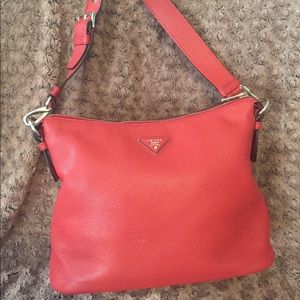 Authentic Red Prada Vitello Daino leather hobo bag